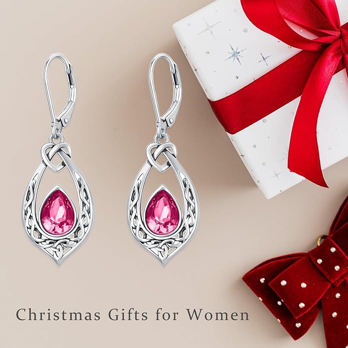 Celtic Knot Dangle Earrings 925 Sterling Silver Oxidized Vintage Drop Leverback Earrings with 8 * 6mm Simulated Birthstone Crystal Christmas Jewelry Gifts for Women (Gift Box)