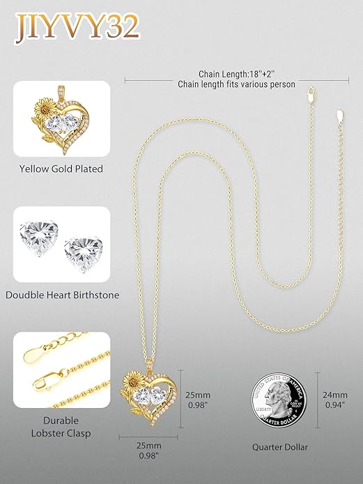 Sunflower Heart Necklace for Women 14K Gold Exquisite Anniversary Birthday Gifts for Wife Mother Her Double Birthstone Pendant jewelry‘You Are My Sunshine’