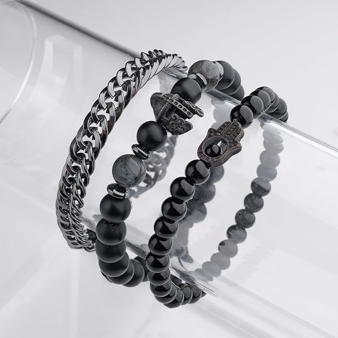 3pc Mens Beaded Bracelets Silver Stainless Steel Chain Bracelet for Men Handmade Braided Bracelet Sets Jewelry Gifts for Men