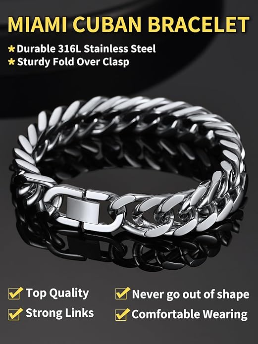 ChainsHouse Stainless Steel Cuban Link Bracelet, 8mm/12mm/17mm Width, 7.5"/8.3"/9", 18K Gold Plated Chain Wrist Bracelets for Men Women, Send Gift Box