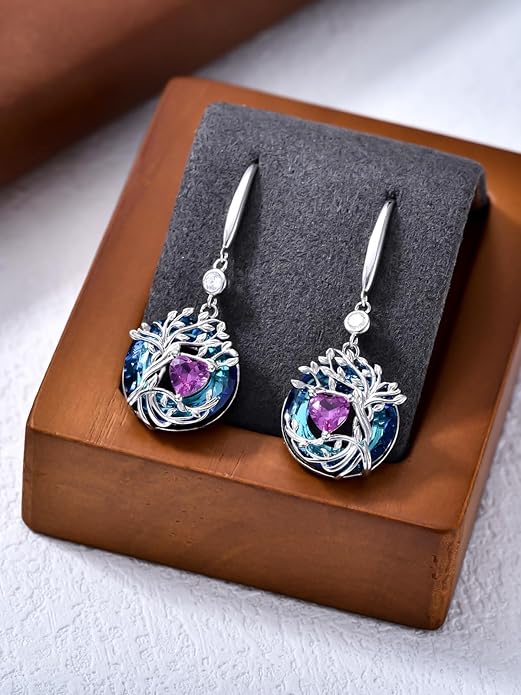 TOUPOP Tree of Life Birthstone Earrings for Women 925 Sterling Silver Family Tree Dangle Earrings Austrian Crystal Jewelry Birthday Christmas Gifts for Her Girlfriend Wife Mom
