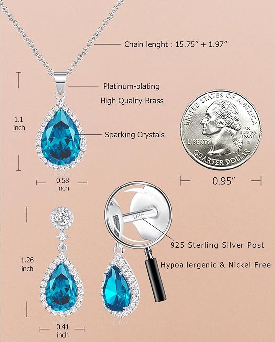 REASAYLL Jewelry Sets For Women 925 Sterling Silver Post Teardrop Dangle Stud Earrings Necklace Set Crystal Rhinestone Wedding Prom Costume Jewelry for Women