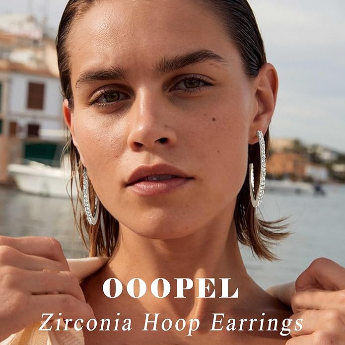 925 Sterling Silver Earrings Large Rhinestone Hoop Earrings Big Cubic Zirconia Hoop Earrings Thin Rhinestones Round Hoop Earrings for Women 20/30/40/50/60/70mm Sparkly Hoops With Crystals for Womens