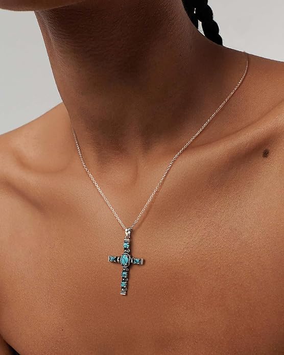 Turquoise Cross Necklace for Women, 925 Silver Western Bohemian Vintage healing Necklace, Faith Spiritual Boho Jewelry, Christian Religious Christmas Birthday Gift for Wife Girlfriend Mom