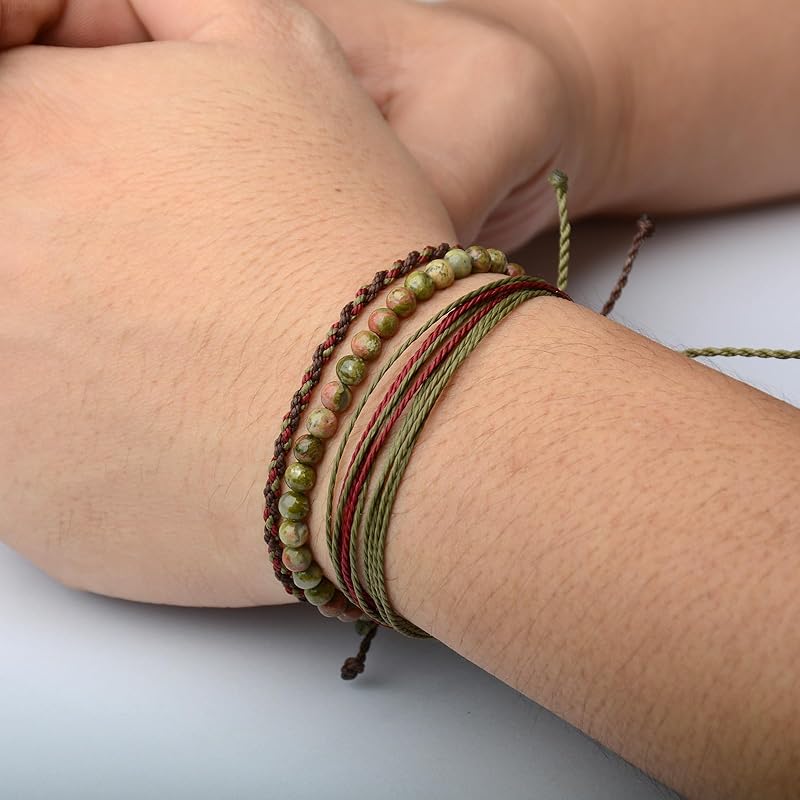 Handmade Natural Stone Beaded Healing Bracelet Gift for Men Adjustable Rope String Bracelet (unakite, Adjustable)