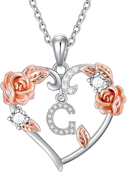 AOBOCO Rose Heart Necklaces Valentines Gifts for Women, 925 Sterling Silver Rose Love Heart Initial Letter Pendant Necklace Jewelry Mothers Day Christmas Birthday Gifts for Her Mom Wife Girlfriend