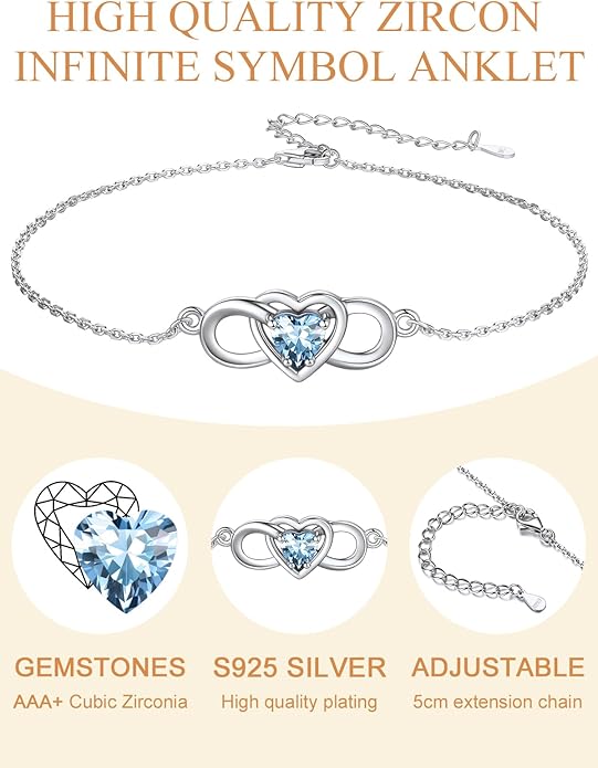 Custom4U Personalized Infinity Ankle Bracelets for Women 925 Sterling Silver Anklet Bracelet Endless Love Symbol Birthstone Charm Adjustable Foot Chain Jewelry Mothers Day Gifts for Mom Wife Women Her
