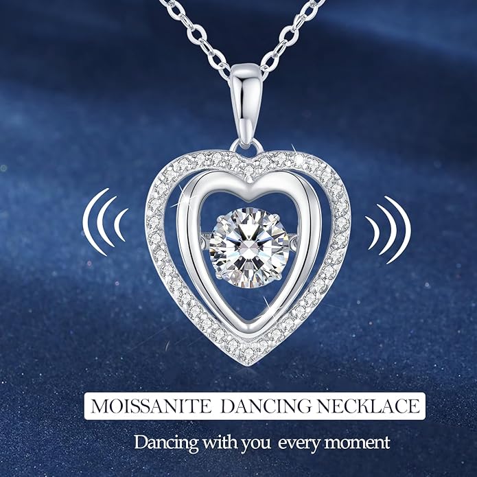 LAVUMO Moissanite Heart Necklace for Women, Dancing Moissanite Pendant 925 Sterling Silver Diamond Necklace Valentines Birthday Anniversary Christmas Jewelry Gifts for Her Girlfriend Wife Mom