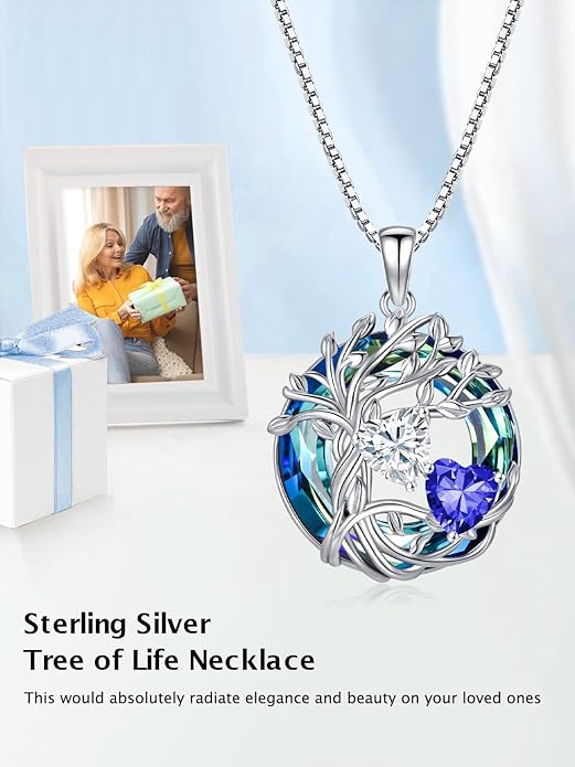 TOUPOP s925 Sterling Silver Family Celtic Tree of Life Pendant Necklaces with 2 Heart Birthstone with Blue Austrian Crystal Jewelry Birthday Anniversary Christmas Gifts for Her Wife Girlfriend Mom (18K Real White Gold Filled)