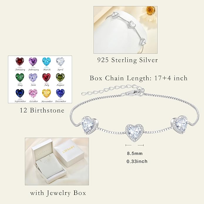 Love Heart Bracelet 925 Sterling Silver Halo Heart Birthstone Bracelet Jewelry Gifts for Women