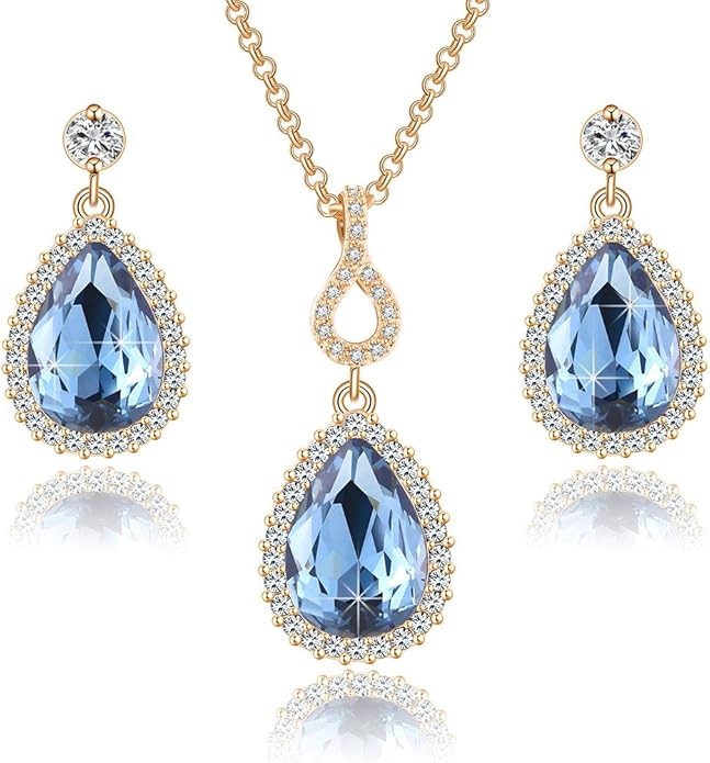 Austrian Crystals Teardrop Pendant Necklace Earrings for Women 14K Gold Plated Hypoallergenic Jewelry Set