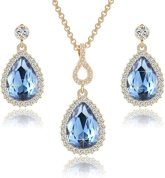 Austrian Crystals Teardrop Pendant Necklace Earrings for Women 14K Gold Plated Hypoallergenic Jewelry Set