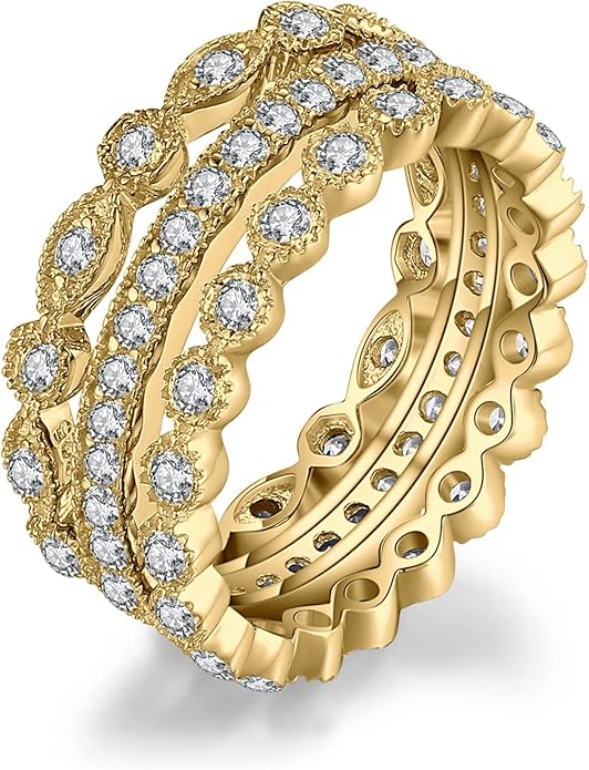 JewelryPalace 14K Gold Plated 925 Sterling Silver Rings for Women, Cubic Zirconia Promise Rings for Her, Stackable Wedding Bands Rings for Women Set Size 4-12