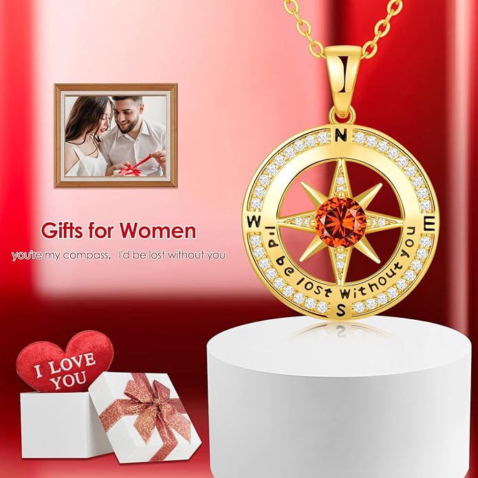 Zifeel Compass Necklace Gifts for Women wife - S925 Sterling Silver Birthstone Necklaces for Women - Anniversary Birthday Gifts for Her Wife Girlfriend - Valentines Mom Mothers Day Christmas Gifts Jewelry for Women