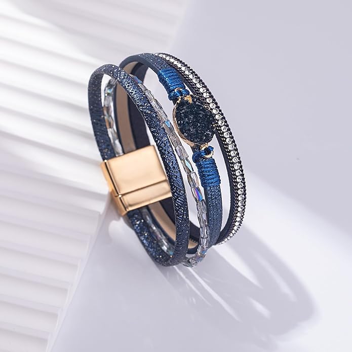 FANCY SHINY Leather Wrap Bracelet Boho Cuff Bangle Bracelets Crystal Bead Bracelet with Magnetic Clasp Jewelry Gifts for Women