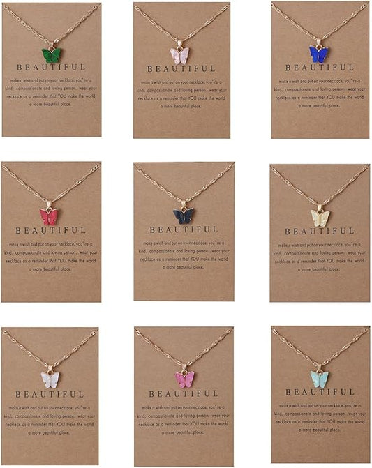 Rrdaily 9 Pcs Dainty Colorful Butterfly Pendant Necklace Set for Women,Bohemian Acrylic Butterfly Chain Necklace Cute Jewelry Gift
