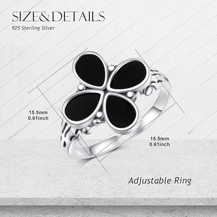 925 Sterling Silver Vintage Oxidized Style Black Onyx Adjustable Ring Casual Jewelry Gifts for Women