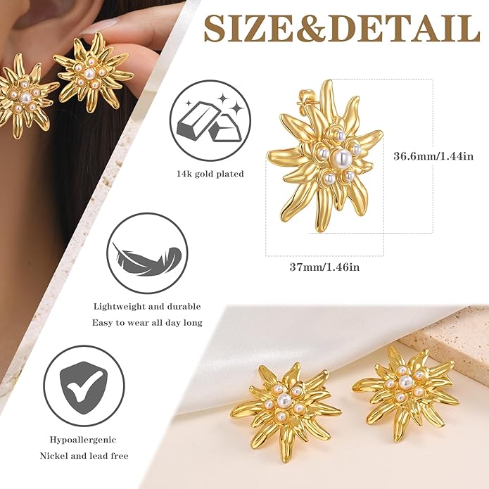 Womens Floral Gold Studs Earrings - 14K Gold Plated Earring,Personality Summer Big Flower Stud,Hypoallergenic Statement Chunky Ear Rings Aretes Trendy Jewelry,Christmas Birthday Prom Gifts for Her