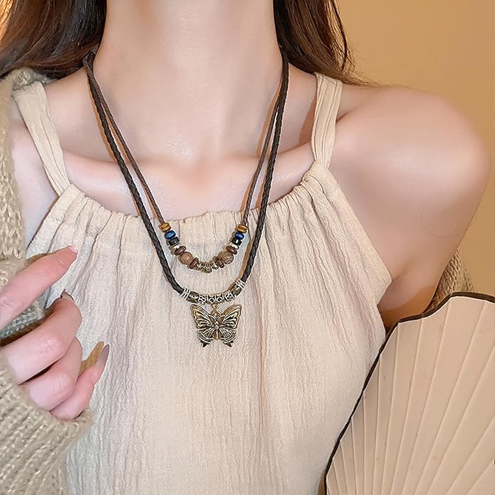 HETICA Boho Necklace for Women, Vintage Butterfly Necklace Adjustable Wooden Beads Layered Braided Necklace Fashion Tribal Style Leather Rope Necklace Jewelry