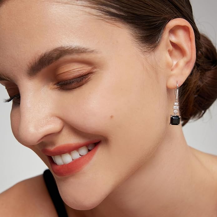 18K White Gold Plated Sterling Silver Asscher Cut Cubic Zirconia Dangle Earrings for Women Square CZ Diamond Drop Dangling Earrings for Women Mom
