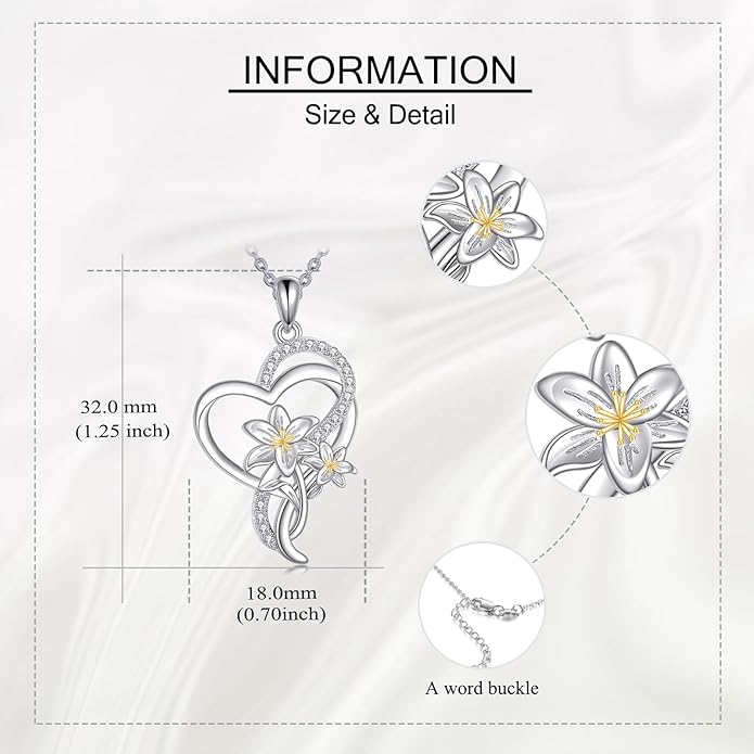 Tulip Sunflower Rose Lily of the Valley Sterling Silver Flower Heart Pendant Necklace Gifts for Women Mother Flower Lover
