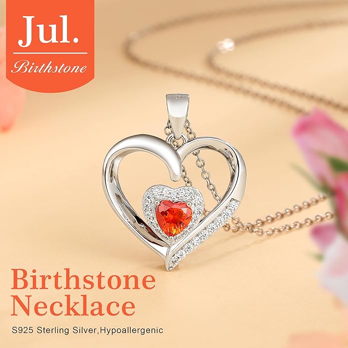 GLIVEOR Heart Birthstone Necklace for Women,S925 Sterling Silver Necklace Birthstone Necklace Heart Necklace for Women Birthday Jewelry Gifts for Women
