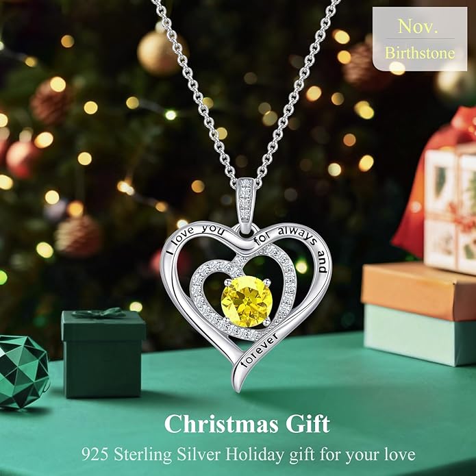 S925 Sterling Silver Necklace for Women, Christams Gift for Women, Love Heart Birthstone Necklaces for Women, Wife Jewelry, Mom Birthday Valentines Mothers Day Gifts, Girlfriend Necklaces, Daughter Heart Jewel, Anniversary for Her