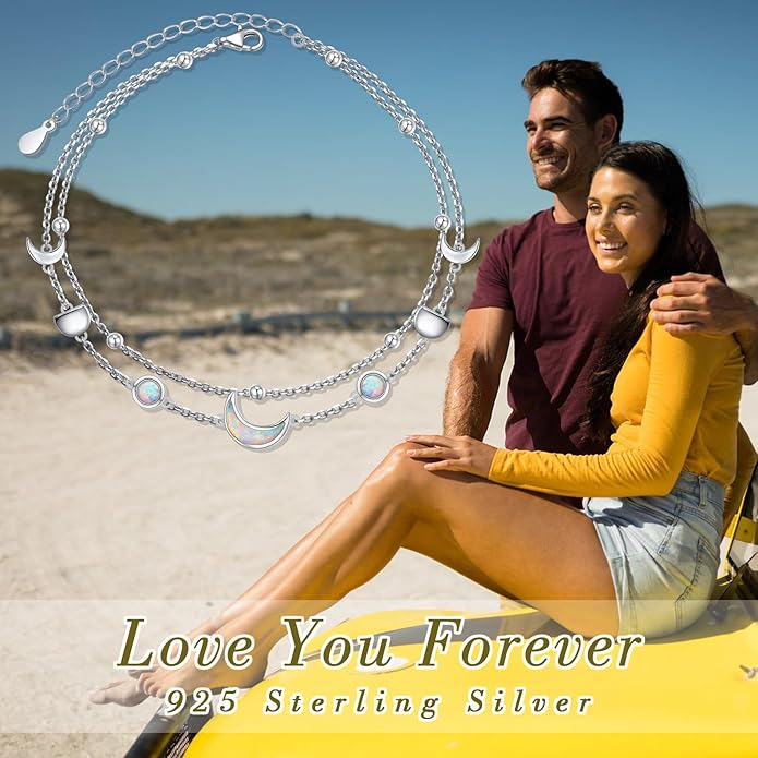 FLYOW Anklet for Women S925 Sterling Silver Adjustable Foot Beaded Heart Charm Ankle Bracelet Anklets Jewelry