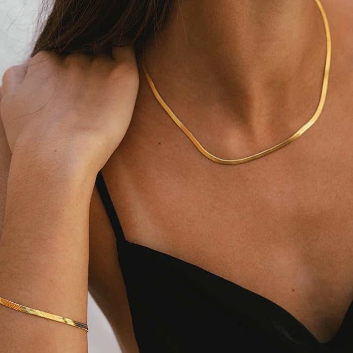 CHESKY Gold Necklace for Women-14K Gold Plated/Sterling Silver Plated Snake Chain Necklace Dainty Simple Chunky Herringbone Necklace Choker Necklaces Jewelry for Women