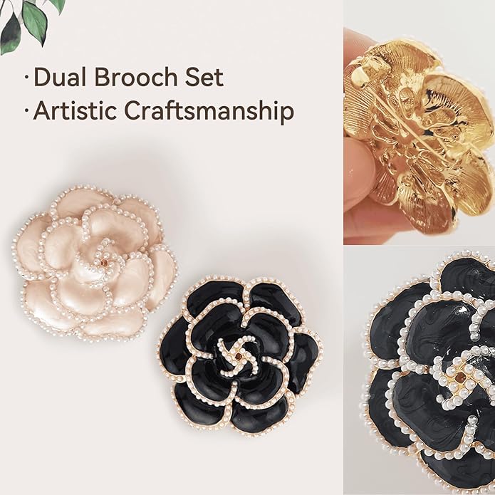 2 Pcs Camellia Flower Brooch Pins Elegant Faux Pearls for Women Dress Perfect for Party Wedding and Banquet