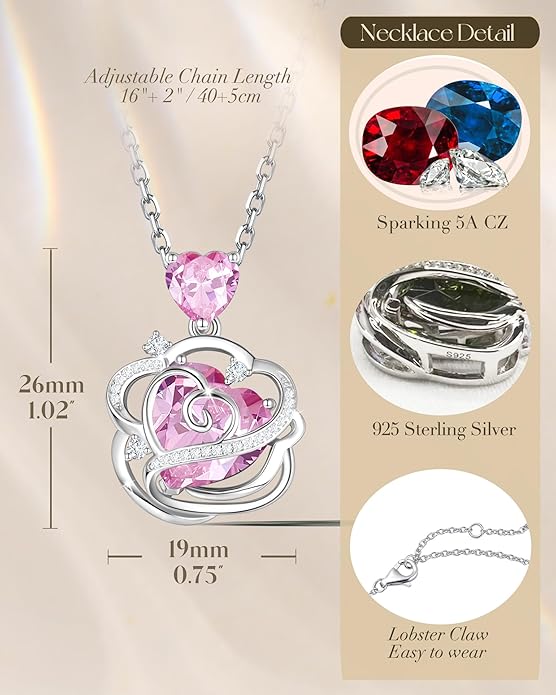 FANCIME Thornless Pulse Birthstone Necklace for Women Sterling Silver Rose Pendant Fine Jewelry Gemstone Birthday Valentines Day Gifts for Wife Her