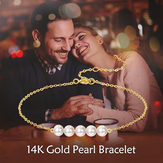 KECHO 14K Real Gold Freshwater Cultured Pearl Bracelet 14K Solid Gold Jewelry Anniversary Birthday Gift for Women