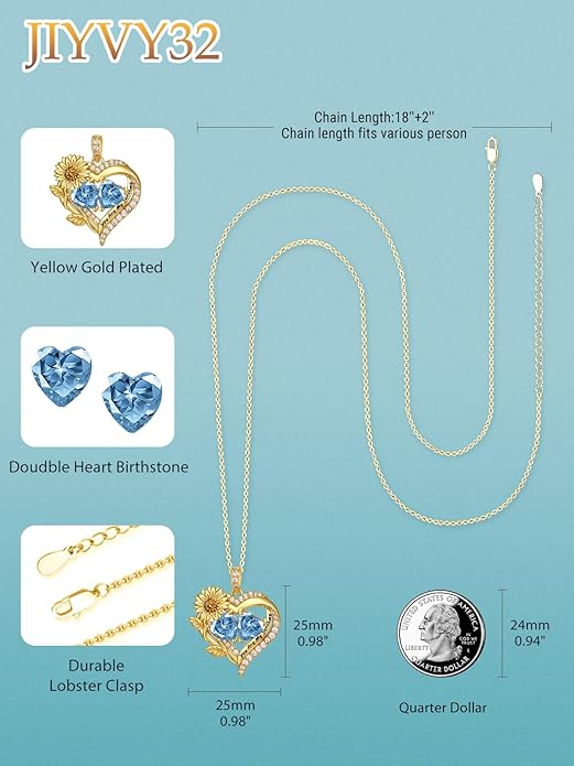 Sunflower Heart Necklace for Women 14K Gold Exquisite Anniversary Birthday Gifts for Wife Mother Her Double Birthstone Pendant jewelry‘You Are My Sunshine’