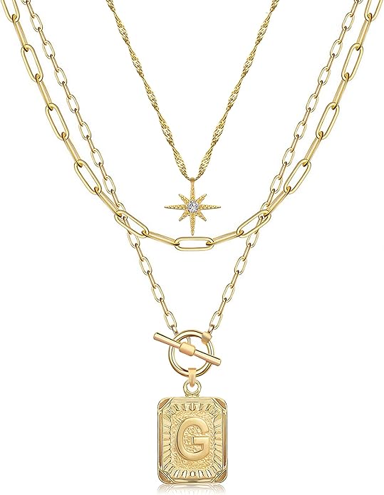 MJartoria Layered Initial Necklaces for Women Trendy, 14K Gold Plated Brass Simple Star Choker Square Letter Pendant Necklace, Paperclip Chain Necklaces Jewelry Gifts