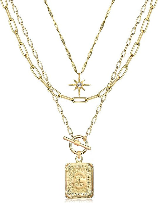 MJartoria Layered Initial Necklaces for Women Trendy, 14K Gold Plated Brass Simple Star Choker Square Letter Pendant Necklace, Paperclip Chain Necklaces Jewelry Gifts