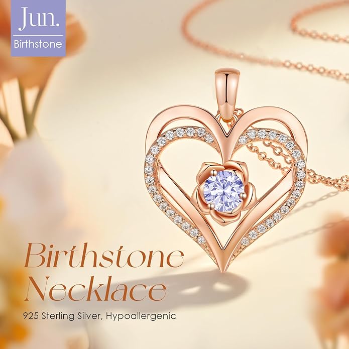 CDE Christmas Gifts for Women S925 Silver Rose Gold Heart Birthstone Necklaces for Women，Ideal Anniversary or Birthday Jewelry Gifts for Wife Girlfriend Her