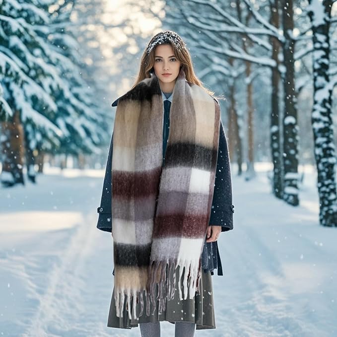SHOHOKU Large Chunky Plaid Scarf Coloured Checked Oversized Scarf Tassel Soft Fall Winter Thick Warm Shawl Women