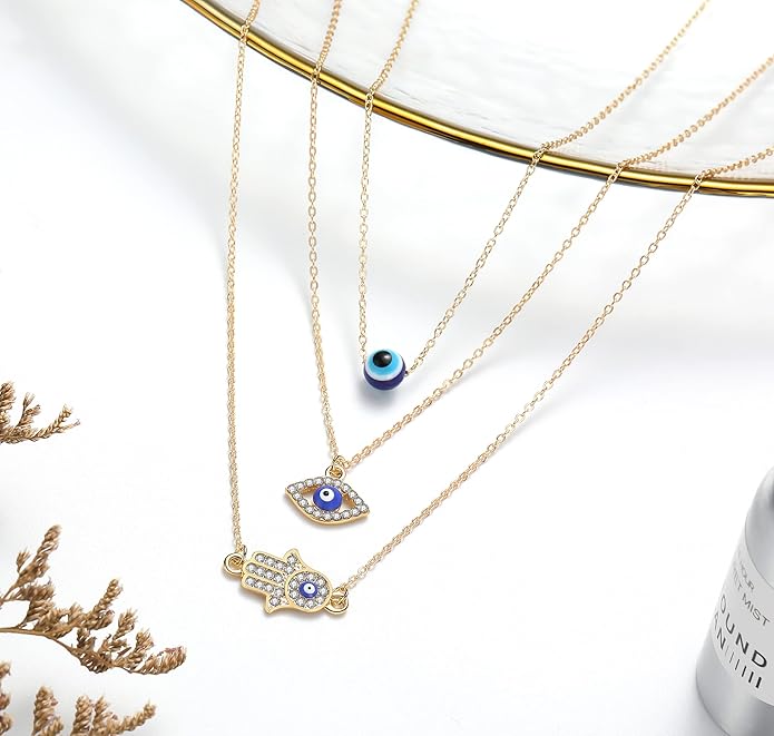 Baydurcan Dainty Evil Eye Necklace and Hamsa Necklace Turkish Blue Eye Hand Pendant Necklace 3pcs Lucky Jewelry Gift for Women