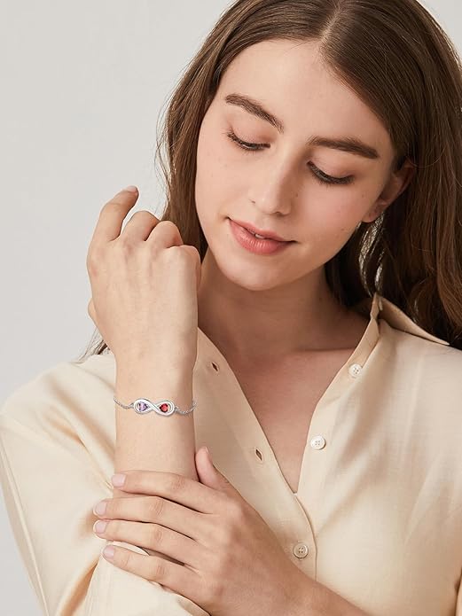 Custom4U Personalized Infinity Love Symbol Link Bracelets for Women 925 Sterling Silver Birthstone Bracelet Adjustable Engraved Chain Christmas Mother's Day Birthday Jewelry Gifts for Mom Her