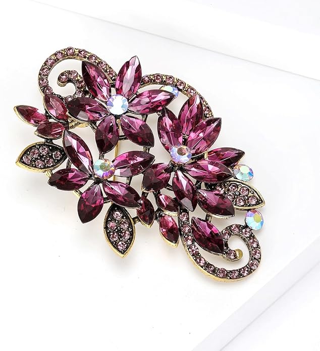YOQUCOL Vintage Red Austrian Crystal Rhinestone Flower Shape Brooch Pin for Women