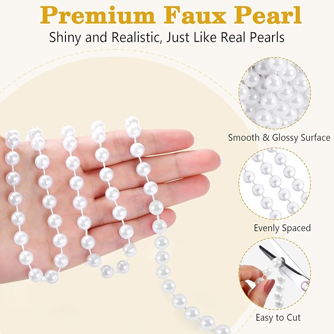 48 Feet Faux Pearl Garland, 8mm Pearl String Roll Strands, Extended String of Pearls Garland for Christmas Tree Wedding Party Decoration Centerpieces Flowers DIY Crafts (White)
