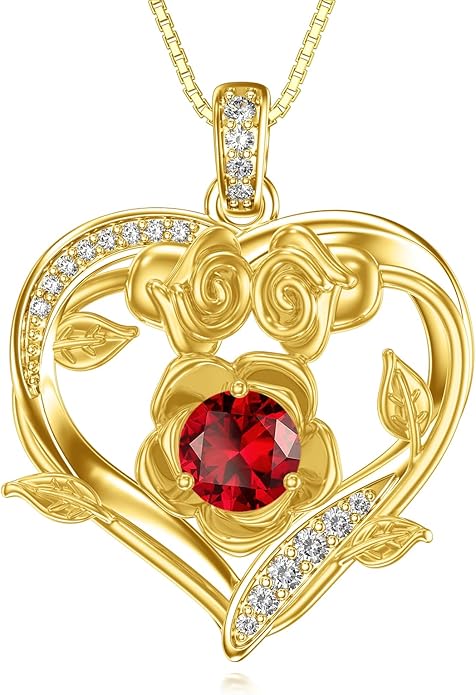 Midari 18K Gold Heart Birthstone Necklace for Women Rose Pendant Birthday Jewelry Gifts for Wife Her Daughter Mom