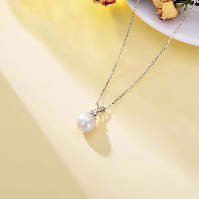 14K Gold Pearl Necklace for Women, 9mm White Freshwater Cultured Pearl Love Heart Pendant Necklace Jewelry Anniversary Present for Women, Girls 16+2 Inch