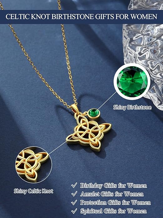 Witches Knot Necklace for Women, 14K Gold Celtic Knot Cross Jewelry with Triquetra Trinity with Birthstone Pendant, Birthday Witchy Spiritual Gifts for Her Wife Mom Grandma, 18+2 Inch Chain