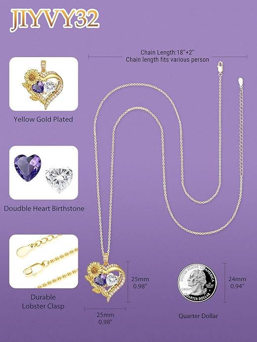 Sunflower Heart Necklace for Women 14K Gold Exquisite Anniversary Birthday Gifts for Wife Mother Her Double Birthstone Pendant jewelry‘You Are My Sunshine’