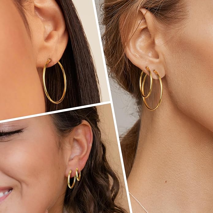 Gold Hoop Earrings Set for Women,14k Gold Plated Gold Hoops with Sterling Silver Post Hypoallergenic Thin Hoop Gold Earrings for Girls Trendy Jewelry Gifts