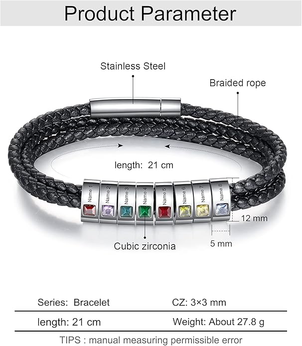 kaululu Custom Leather Bracelet for Men with 1/2/3/4/5/6/7/8 Birthstones Engraved Stainless Steel Beads Personalized Names Bracelet for Father's Day Christmas Thanksgiving Gift for Men