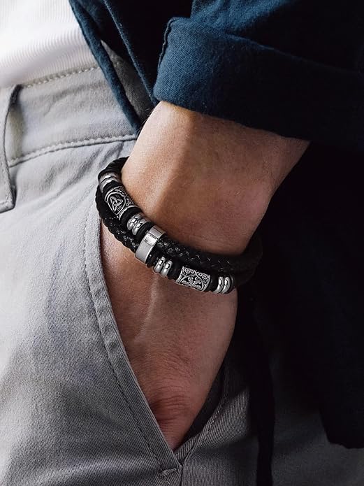 Bandmax Mens Black Double Wax Rope Cuff Bracelets Waterproof Stainless Steel Norse Style Celtic Knot Beads Bracelet Wristband Gift for Men