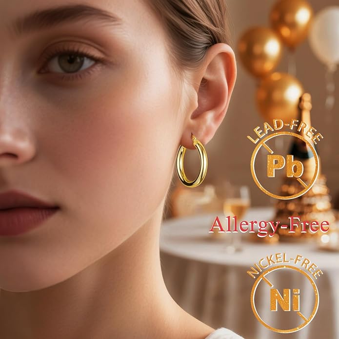 Hoop Earrings for Women, 18K Gold Plated Hoops Earrings, Hypoallergenic Lightweight Comfort Hollow Tube Hoops with Secure Push Lock, Chunky and Sleek Gold Hoops Large Earrings 20/30/40/50/60MM