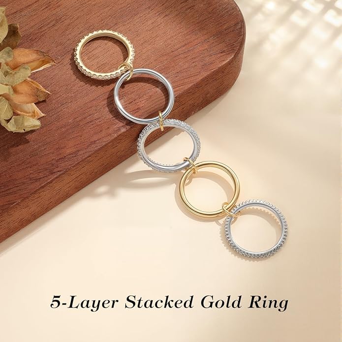 Emibele 14K Gold Plated Stackable Rings for Women, Interlocking Non Tarnish Gold Rings, Silver Dainty Cubic Zirconia Bands, Two-Toned Mixed Metal Stacking Band, Trendy Jewelry Gifts for Women